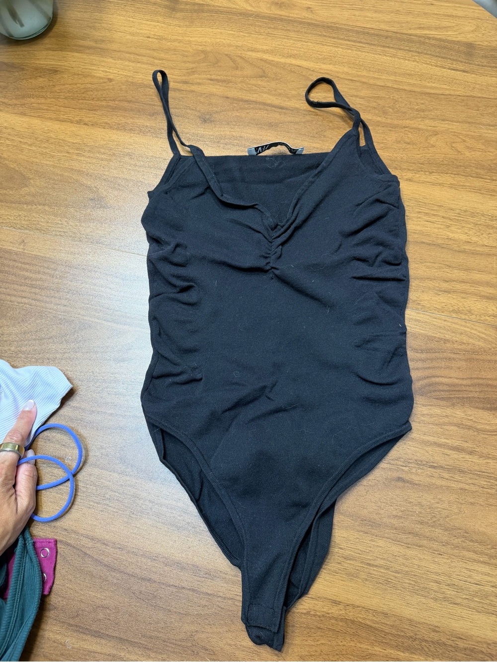 Zara Black Ruched V-Front Bodysuit with Adjustable Straps